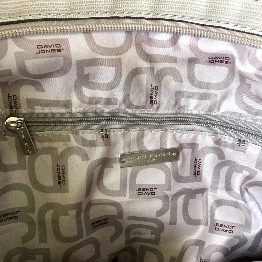 David Jones Tote Purse Hobo Bag Cream & Black Textile Print & Synthetic Leather
